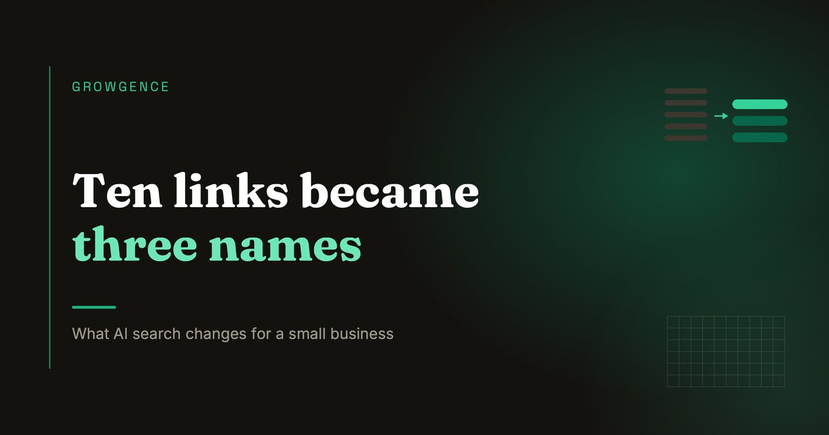 Dark article card reading "Ten links became three names", with a stack of links narrowing to three.