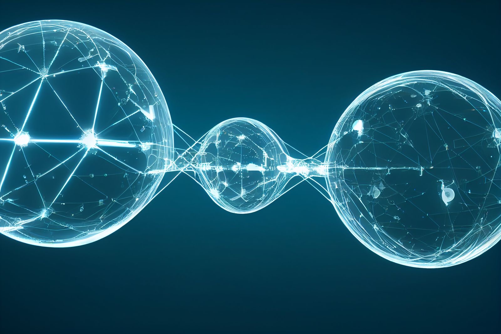 Glowing digital spheres interconnected by luminous lines on a dark background, forming a futuristic network of connected nodes
