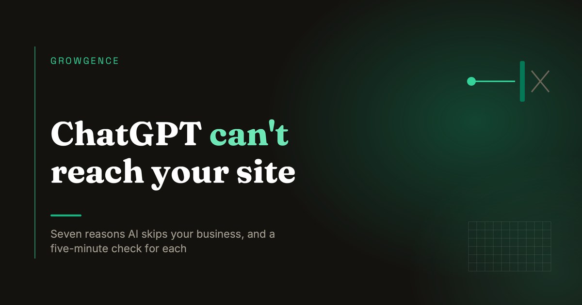 Dark article card reading "ChatGPT can't reach your site", with a signal blocked by a barrier.